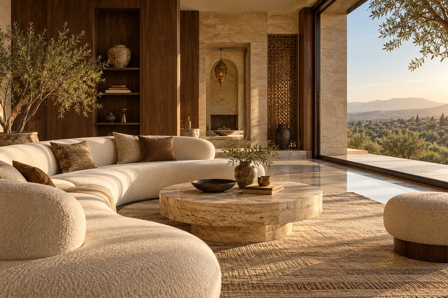 Illustrative architectural visualization of a contemporary living room with natural materials